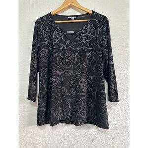 JM Collection Womens Black Silver Glitter Rose V-Neck 3/4 Sleeve Blouse Large